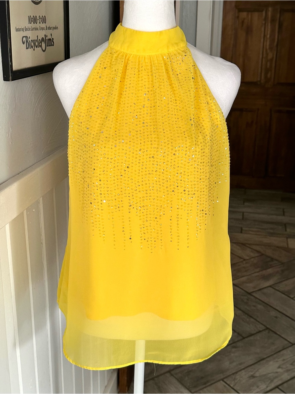 BCX Yellow Sequin Halter Top Tie Neck Chiffon Blouse Size M Y2K Sparkle Coquette